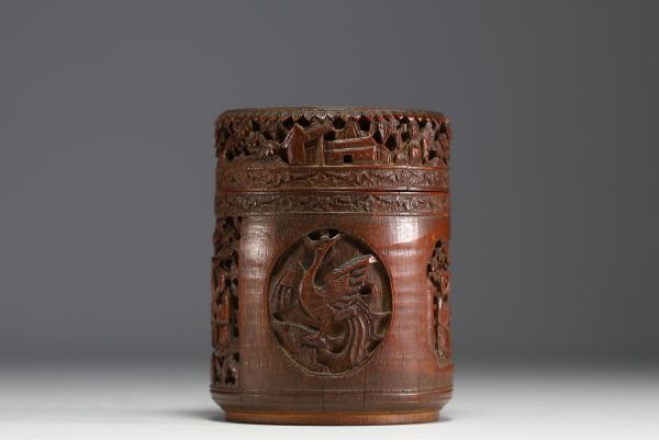 China - Covered carved bamboo pot decorated with figures and a phoenix.