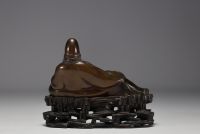 Chine - Li Bai Qing, statue en bronze sur socle en bois ajouré, époque Qing.