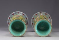 China - Pair of porcelain vases on a yellow background with floral decoration, Qing period.