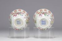 Set of four bowls decorated with flowers and calligraphy of the Gangxu period (1875-1908) and with mark under the piece