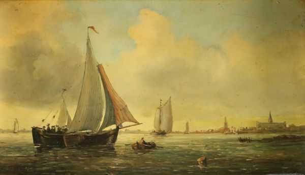 Nicholaas RIEGEN (1827-1889) ‘Towards the harbour’ Oil on panel, signed.