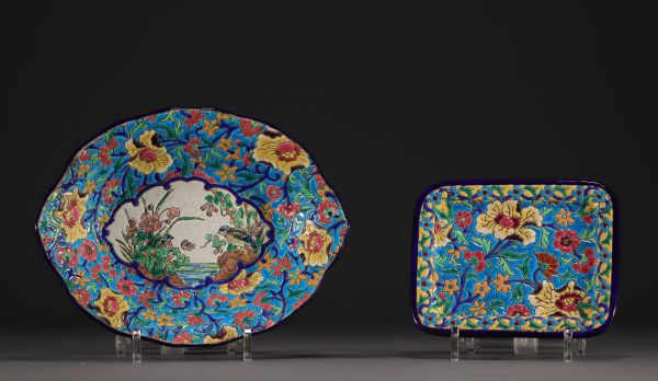 Longwy - Set of two earthenware and enamel dishes decorated with quail and flowers, 20th century.