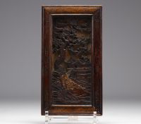 Japan - Pair of small carved wooden panels, bronze figures, filigree frames, Meiji period.