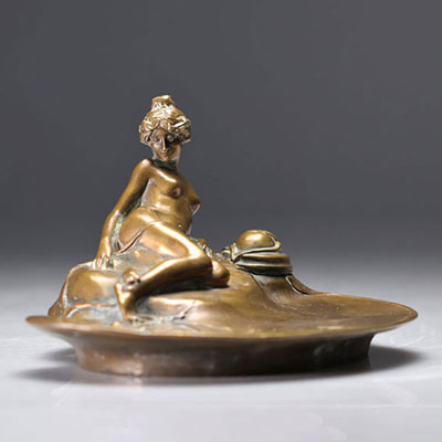 Maurice BOUVAL (1863-1916) Art Nouveau bronze inkwell surmounted by a nude young woman