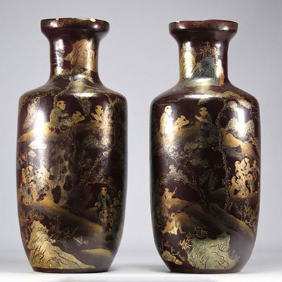 Large worst of Fuzhou lacquer vases decorated with animated landscapes and inscriptions