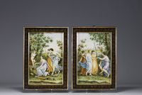 Pair of Castelli earthenware plaques with polychrome decoration of antique scenes, Italy, 18th century. Italian 18th century