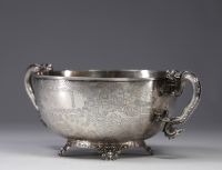 Hung Chong & Cie, large solid silver bowl with engraved landscape decoration, dragon-shaped handles.