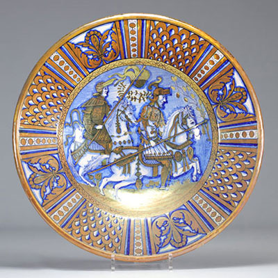 Large majolica dish decorated with knights