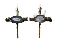 Marc D' HAENENS (XXth) Rare monumental pair of modernist sconces in bronze, steel and cerulean blue crystal geodes, circa 1970.