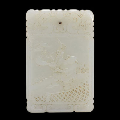 Rectangular white jade pendant carved in bas-relief on both sides with a fisherman on one side and calligraphy on the other, from China in the Qing Dynasty (清朝)