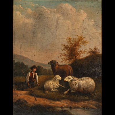 “Young shepherd and his sheep” Oil on panel, 19th century, unsigned.