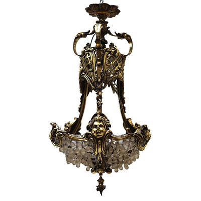 Lustre montgolfière, monture en bronze à décor de visage de chérubins, perles de verre, XIXème.