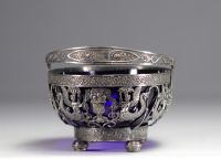 Empire style silver openwork basket, cobalt blue glass bowl, 19th century.