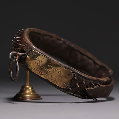 Rare leather dog collar, steel studs, brass nameplate, 19th century.