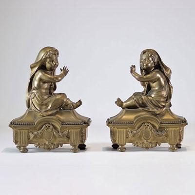 Pair of gilt bronze andirons surmounted by children - Louis XVI