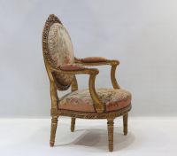 Important ensemble de mobilier de salon en bois sculpté et doré, tapisserie fine d'Aubusson comprenant un canapé et une suite de quatre fauteuils bergères, XIXème.