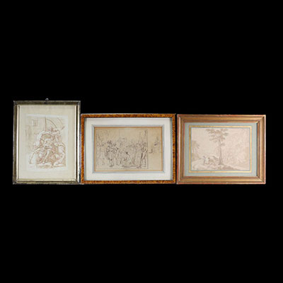 Italian school, set of three pen and wash drawings, antique scenes and landscape, 18th century.