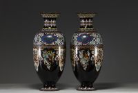 Japon - Paire de vases en émaux cloisonnés à décor floral et de Phénix, époque Meiji.