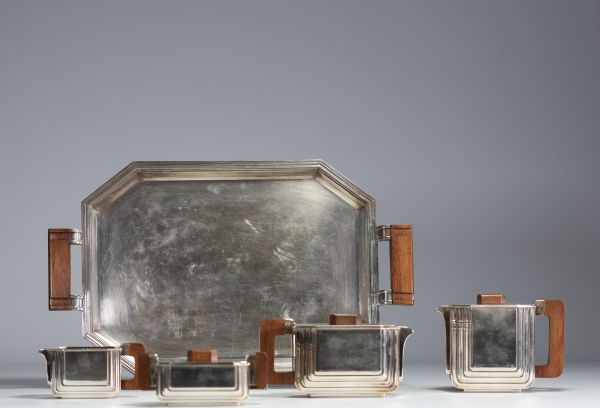 D'ARGENTAL - Art deco coffee service in silver-plated metal and wood, hallmarked.