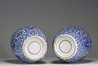 China - Pair of blue-white porcelain potiches with floral decoration, Qing period.