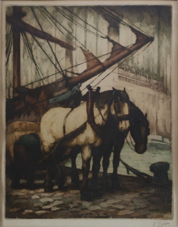 Kurt PEISER (1887-1962) ‘Draft Horses on the Harbour’ Colour lithograph, signed and countersigned in the margin.