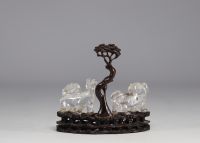 Chine, Chien de Fô en cristal de roche sur socle en bois finement sculpté 19ème.