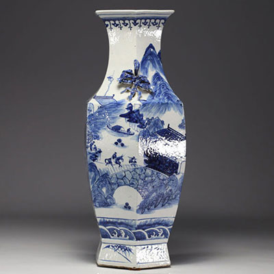 China - Large blue-white porcelain hexagonal vase decorated with a mountainous landscape.