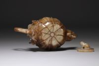 China - Lotus-shaped green/brown jade teapot, frog-shaped fretel.