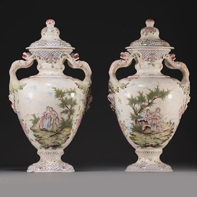 Pair of covered vases in Marseille earthenware, marked JR for Joseph ROBERT(?).