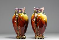 Pair of Art Nouveau majolica earthenware vases, probably from the Nimy faience factory, circa 1900.