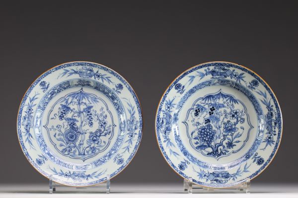 Chine - Paire d'assiettes en porcelaine blanc bleu à décor de fleurs, Qianlong, XVIIIème.