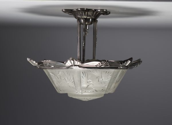 MULLER Frères Lunéville - Art Deco ceiling light in nickel-plated bronze, hexagonal dome in sandblasted glass, signed.