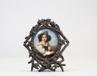 Guido RENI (1575-1642) d'après - Paire de peintures sur porcelaine KPM Berlin, portrait de Béatrice Cenci, cadre en bois de la forêt noire, époque XIXe siècle.