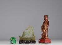 China - Set of objects comprising a lacquered wood sculpture, a miniature vase and a jade sculpture.