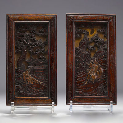 Japan - Pair of small carved wooden panels, bronze figures, filigree frames, Meiji period.