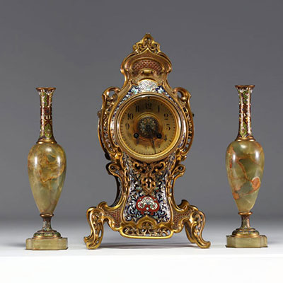 Three-piece mantel set in chased gilt bronze, onyx and cloisonné enamels.