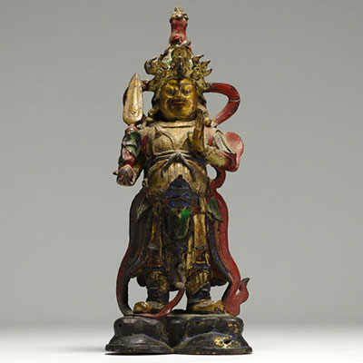 Chine - Sujet en bronze polychrome représentant WEI TUO PUSA, époque Ming.