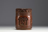 China - Covered carved bamboo pot decorated with figures and a phoenix.