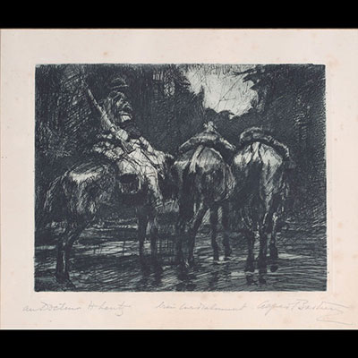 Alfred T. BASTIEN (1873-1955) “Soldier on horseback” Etching, signed and dedicated.