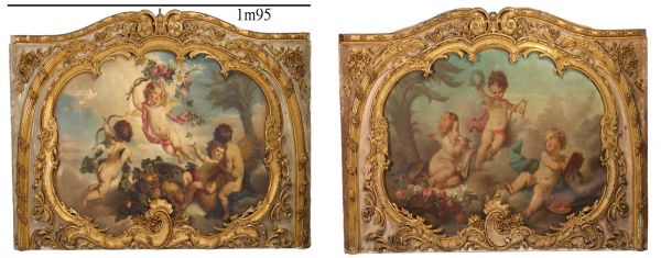 Very important pair of architectural elements in gilded wood decorated with oil on canvas in the Putti style, 18th century.