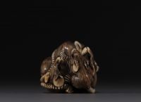 Japan - Ivory and black coral netsuke representing a group of six rats, Meiji. Signed.