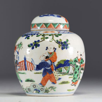 China - Covered ginger pot in green family polychrome porcelain with figures.