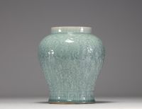 China - Pale green monochrome porcelain vase with floral decoration in relief, blue mark under the piece, 17th century.