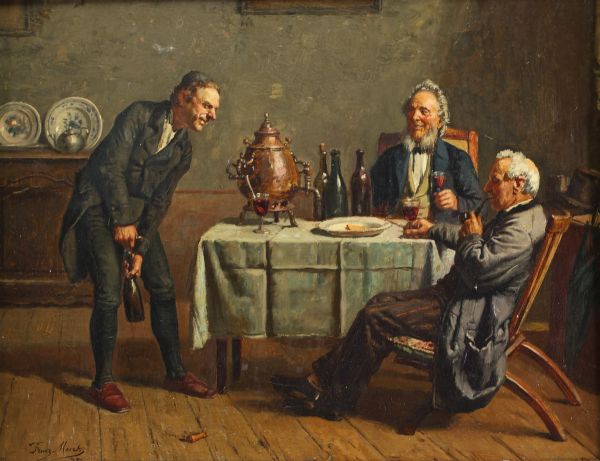 Franz MEERTS (1836-1896) ‘La dégustation’ Oil on mahogany panel, signed.