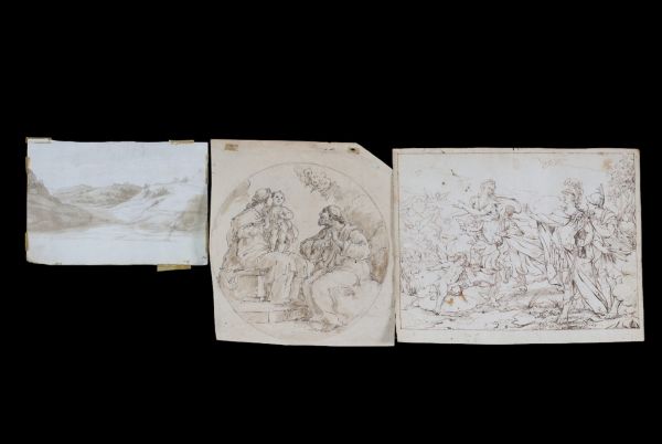 Set of three pen and wash drawings, 18th century French, Flemish and Italian school.