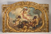 Very important pair of architectural elements in gilded wood decorated with oil on canvas in the Putti style, 18th century.