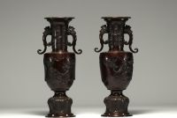 Japan - A pair of bronze vases with a brown patina, decorated with birds.