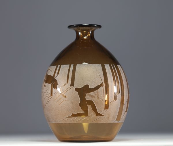 A large Art Deco vase with acid-etched decoration of archers and antelopes, signed Berlys circa 1925.