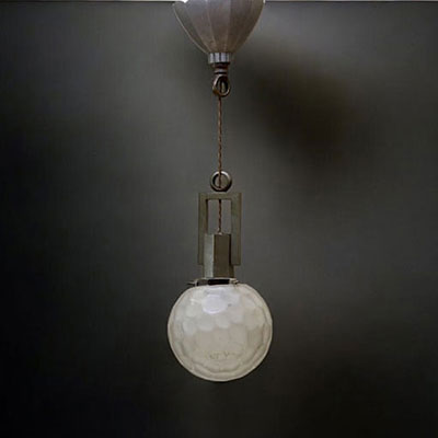 GENÊT & MICHON - Art Deco suspension lamp in nickel-plated metal and faceted ball in matified glass.