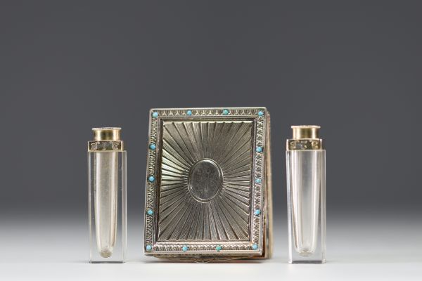 Gebrüder Friedländer - Solid silver scent box with turquoise cabochons, containing two small crystal flasks, goldsmith's hallmark.